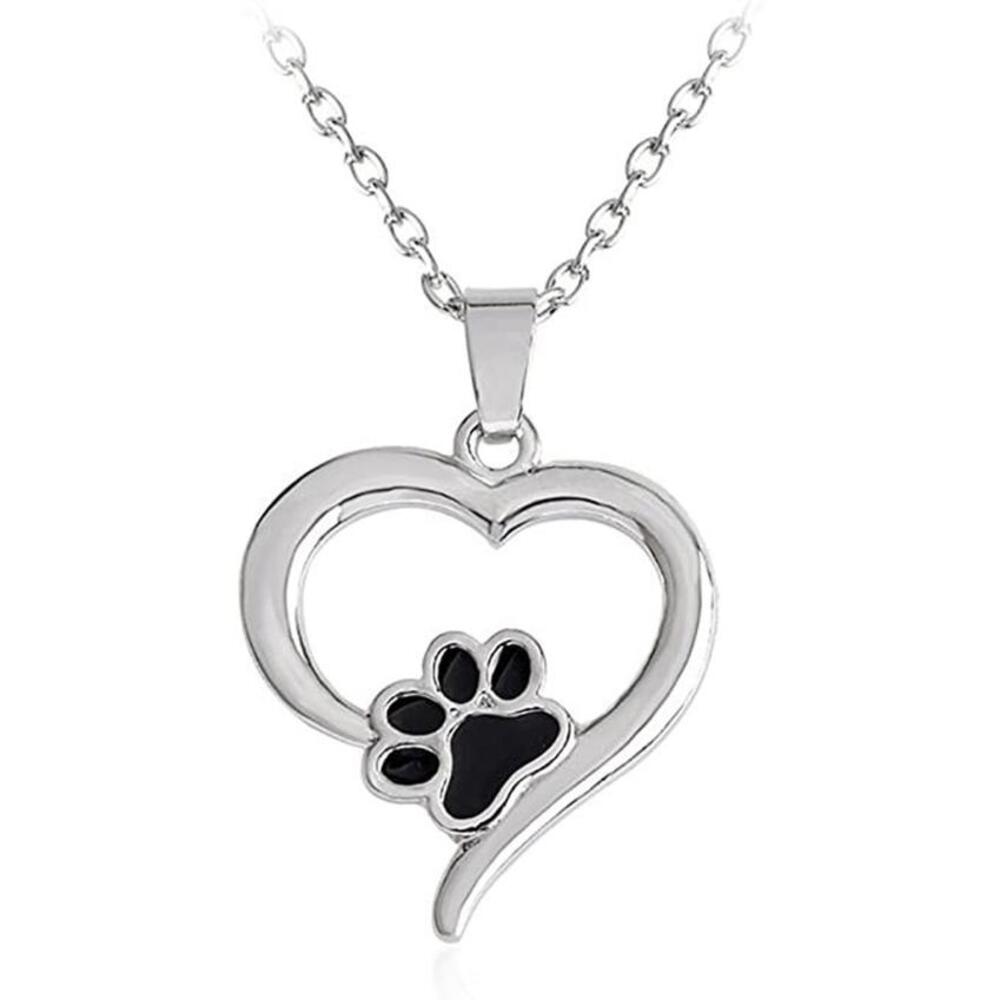 Dog Cat Paw Print Bling Rhinestone Necklace Pendant Silver Black Paw No Stones